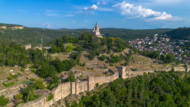 Aerial View of Tsarevets Fortress and Patriarchal Cathedral in Veliko Tarnovo Bulgaria