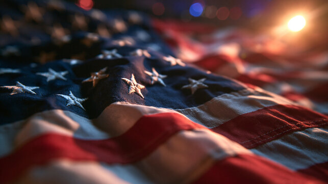 American Flag Close Up with Bokeh Lights and Lens Flare