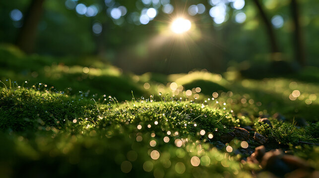 Sunbeams Illuminating Fresh Morning Dew on Green Forest Moss