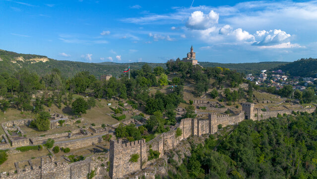 Aerial View of Tsarevets Fortress and Patriarchal Cathedral in Veliko Tarnovo Bulgaria