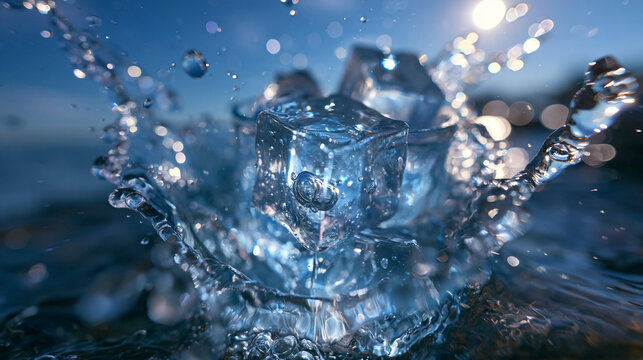 Ice Cubes Splashing in Fresh Water on Sunny Day