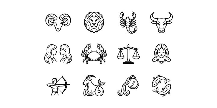 Zodiac signs astrology horoscope icon set aries taurus gemini cancer leo virgo libra scorpio sagittarius capricorn aquarius pisces.