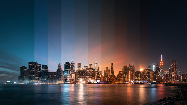 New York City Skyline Time Slice Transitioning From Day To Night