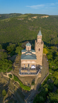Aerial View of Tsarevets Fortress and Patriarchal Cathedral in Veliko Tarnovo Bulgaria