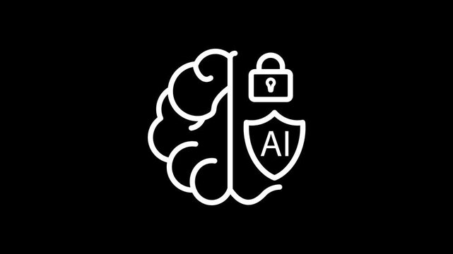 AI Brain With Lock Line Icon Animation, Machine Learning Concept, 4K Motion Graphics
