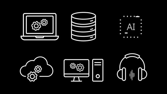 Laptop Settings, Database Server,  AI Processor, Desktop Computer, Cloud Settings and Headphones Outline Icon Animation, 4K Stock Video