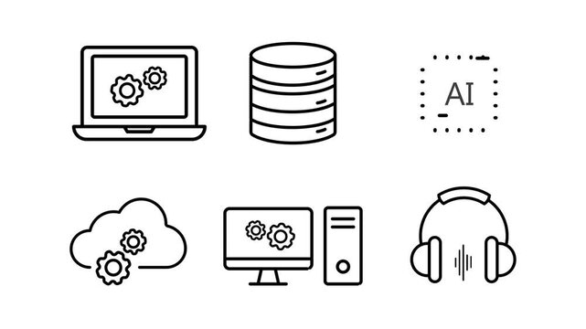 Laptop Settings, Database Server,  AI Processor, Desktop Computer, Cloud Settings and Headphones Outline Icon Animation, 4K Stock Video