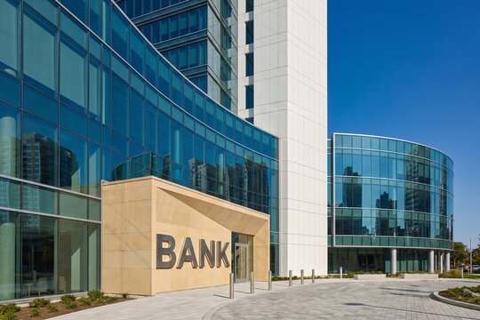 ​Wide Angle View of Modern Bank Branch Exterior and Corporate Office