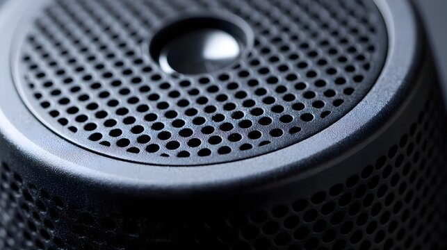 Close up of a black perforated speaker grille with central circular component  showcasing modern audio device design