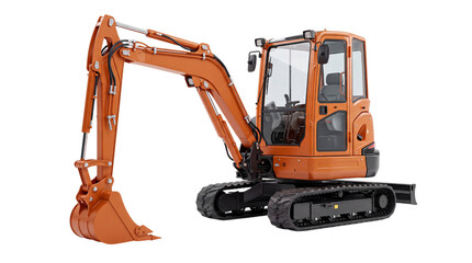 Orange compact excavator with tracks on black isolated on png transparent background © Sumon