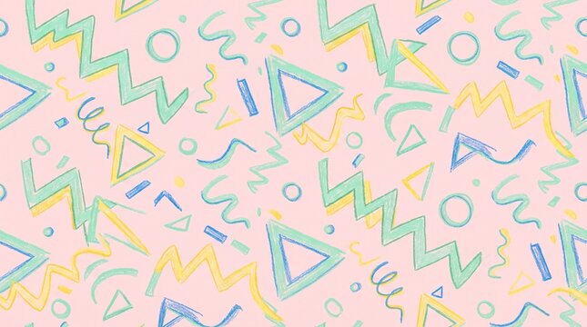 Pastel Retro Memphis Style Geometric Pattern With Hand Drawn Scribbles and Shapes for Trendy Design