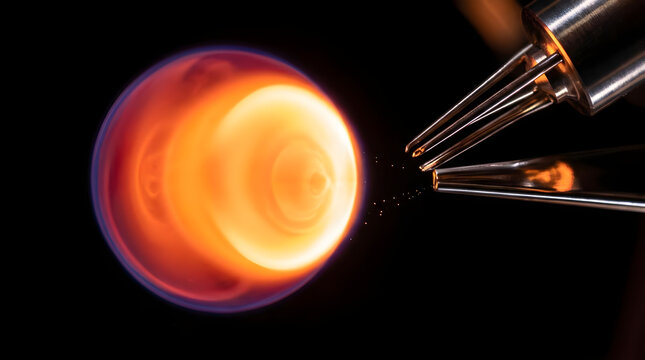 Flame photometer lab test. Spectroscopic analysis of orange plasma ball. Glass gas burners in chemistry dark room. Scientific research and spectroscopy concept.