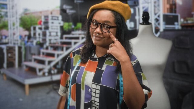 Young woman designer points finger to eyeglasses with measuring tape and mannequin nearby in studio; creative confidence.