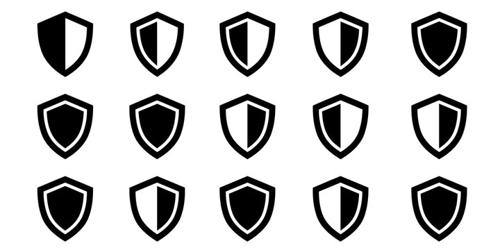 A collection of fifteen minimalist shield icons featuring various black and white patterns for modern security design projects