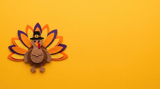 A cute decorative turkey wearing a pilgrim hat isolated on a vibrant orange background for thanksgiving celebration
