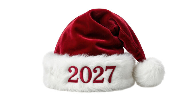 Red santa claus hat with the year 2027 embroidered on the fur brim isolated on transparent background