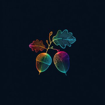 This work features acorns and leaves drawn in a monoline gradient style on a dark background. The simple details highlight nature themes.
