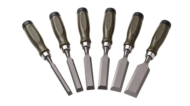 Set of six woodworking chisels with dark green isolated on png transparent background