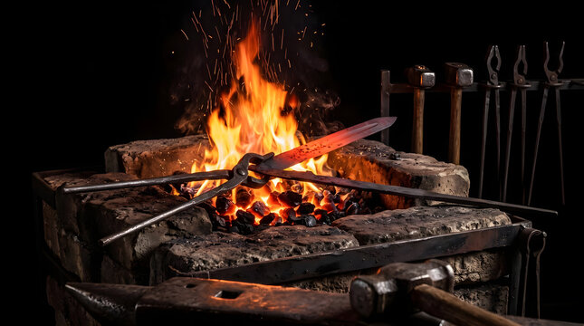 Medieval Smithy Blacksmith Forge with Fire and Hot Metal Blade. Traditional Iron Working Tools. Historical Craftsmanship and Artisan Workshop Concept