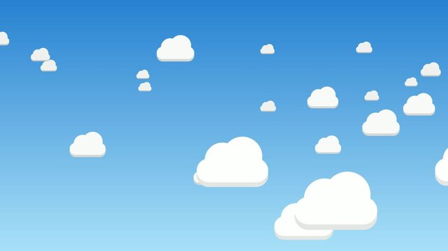 Flat vector style animation of white fluffy clouds moving across a bright blue gradient sky