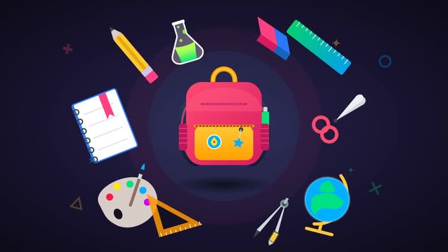 Animated flat design graphic of a red school backpack surrounded by various floating school supplies and stationery icons