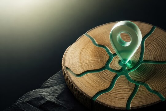 Location Pin on Wooden Tree Ring for Sustainable Geolocation Concept