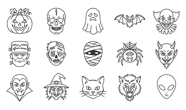  Halloween Horror Character and Monster Face Line Art Icon Set Featuring Vampire Witch Frankenstein Clown Devil Zombie and Skull Elements for Vector Graphic Designs