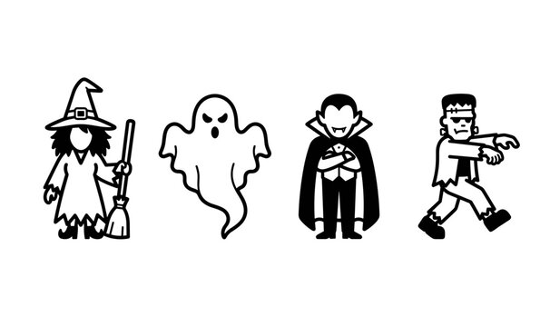  Cute Halloween Cartoon Character Line Art Icon Set Featuring Witch with Broom Ghost Spooky Vampire Count Dracula and Frankenstein Monster Vector Designs