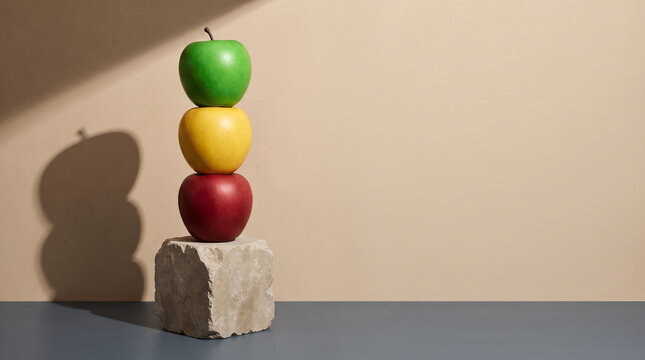 Stack of green, yellow, and red apples balanced on stone block against beige wall with copy space