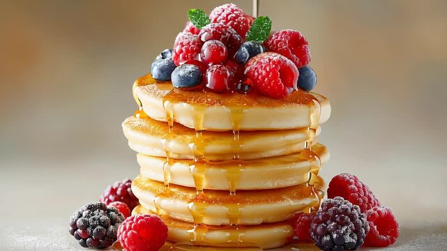 Delicious stack of pancakes with fresh berries and drizzled honey