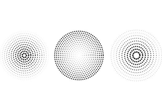 Circle halftone pattern set. Circular radial dot gradient symbol. abstract background design.  art printing, optical, geometric textures