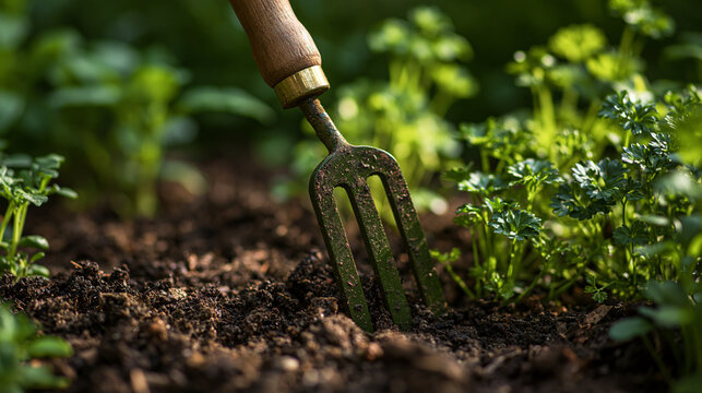 A garden hand fork working soil near fresh herbs. Perfect for organic gardening and sustainable farming concepts.