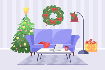 Naklejka premium Cozy Christmas Living Room with Sofa and Tree