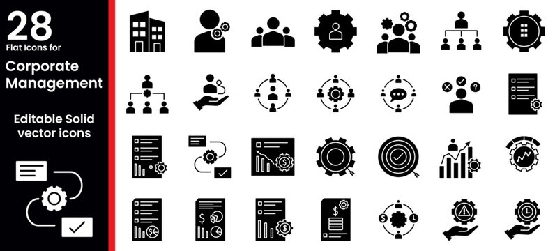 Corporate Management Solid Icons Set &ndash; Business Strategy, Team Leadership, Organization, Planning, Performance, Workflow and Management Symbols in Editable Glyph Vector Collection 