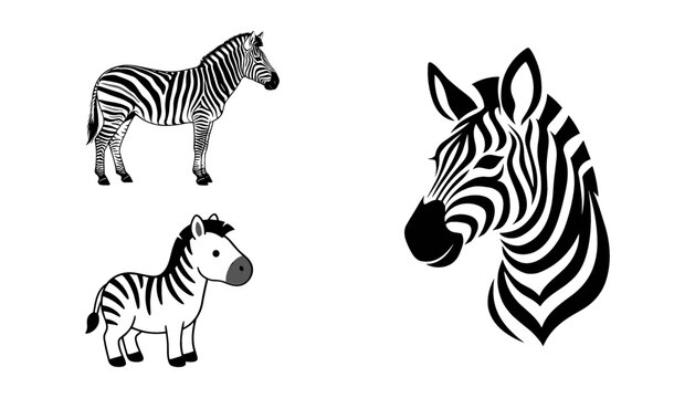 Zebra Vector Illustration Set Featuring Realistic Style Full Body, Cute Cartoon Foal, and Graphic Head Silhouette Design for Wildlife Projects