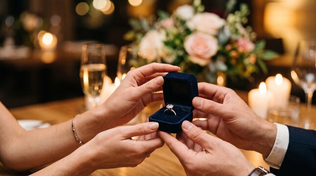 Man proposing to woman with diamond engagement ring in box during romantic candlelit dinner at restaurant