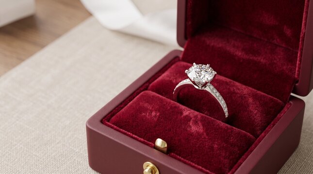 Diamond engagement ring in a red velvet jewelry box for marriage proposal and wedding retail advertising