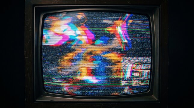 Television set displays colorful static noise and glitch artifacts on a vintage cathode ray tube screen.