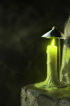 Mystic Glow Candle with Neon Wax Drips in Dark Stone Setting