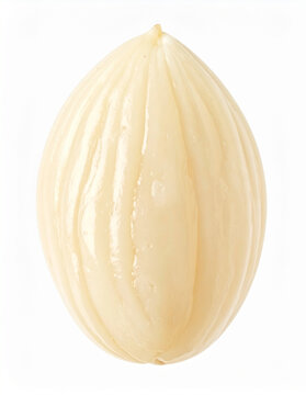 Single peeled white blanched almond kernel isolated on a clean white background, showcasing smooth glossy ridges and pure organic form for food product packaging.