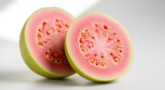 Pink Guava halves with seeds in soft studio lighting against a clean white background for healthy eating concepts