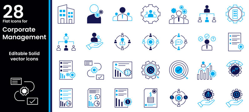 Corporate Management Solid Icons Set &ndash; Business Strategy, Team Leadership, Organization, Planning, Performance, Workflow and Management Symbols in Editable Glyph Vector Collection, blue duotone 