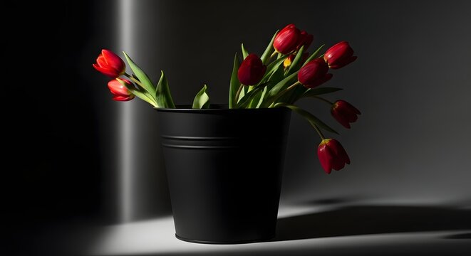 Red tulips in a black bucket with dramatic side lighting and shadows against a gradient background