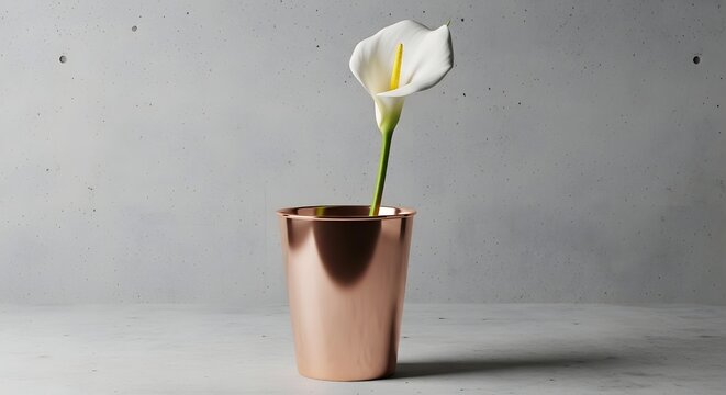 Single white calla lily bloom in copper cup against textured concrete wall with soft studio light