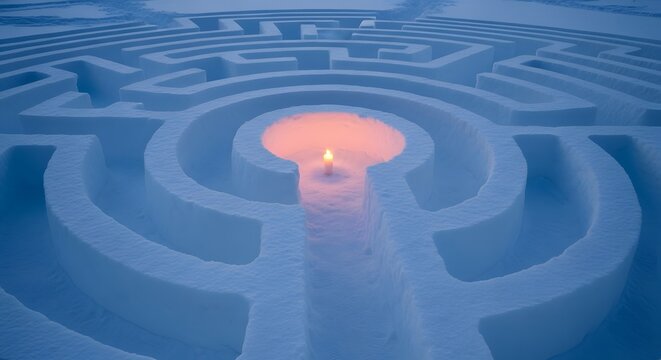 Snow maze with a single lit candle at the center during twilight symbolizing hope and a clear path forward