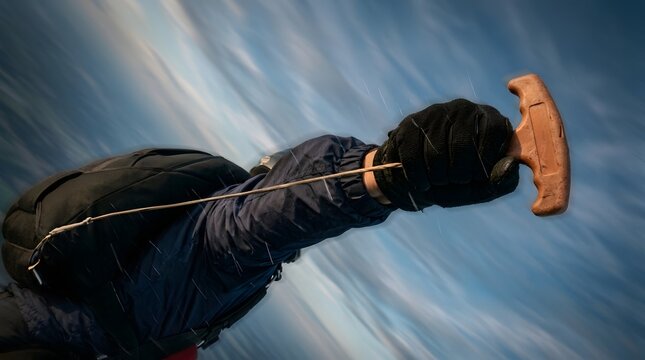Skydiver wearing a black glove pulls the wooden parachute toggle during a high-speed freefall.