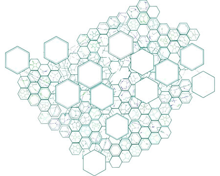 Intricate molecular structure diagram with hexagonal patterns.