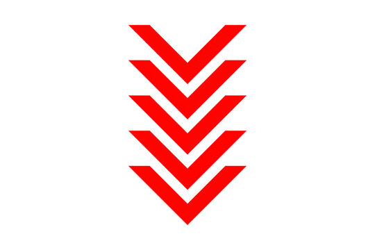 Red Narrow Downward Chevron Arrow Sequence for App Scroll Indicator isolated on transparent background direction down bottom lower pointer
