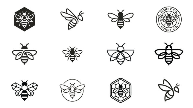 Bee Icons Set, Honeycomb Logos, Insect Vector Graphics, Minimalist Buzzing Insect Emblems for Apiary Branding and Natural Product Design