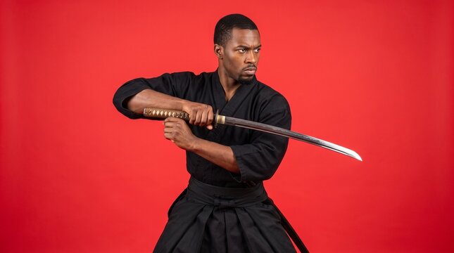 侍の格好をして刀を持っている黒人男性